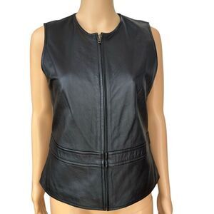 Rem Garson Womens genuine soft Leather Vest Full Zip Black Biker Moto Size S